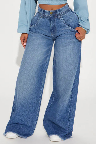 High Waist Raw Hem Wide Leg Trouser Jeans