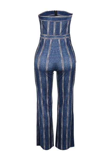 Denim Print Strapless Wide Leg Jumpsuit