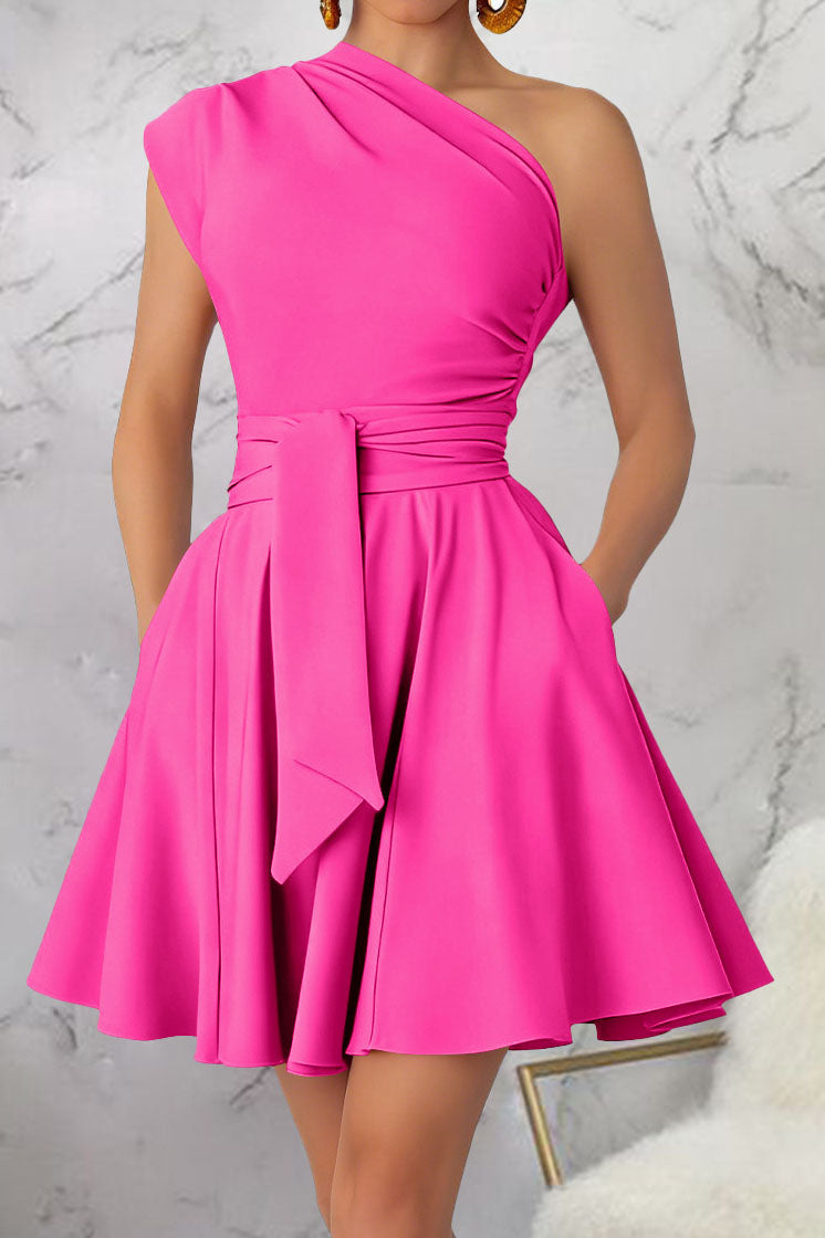 One-Shoulder Tie-Waist Pleated Mini Dress