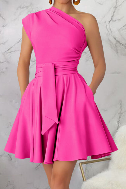 One-Shoulder Tie-Waist Pleated Mini Dress