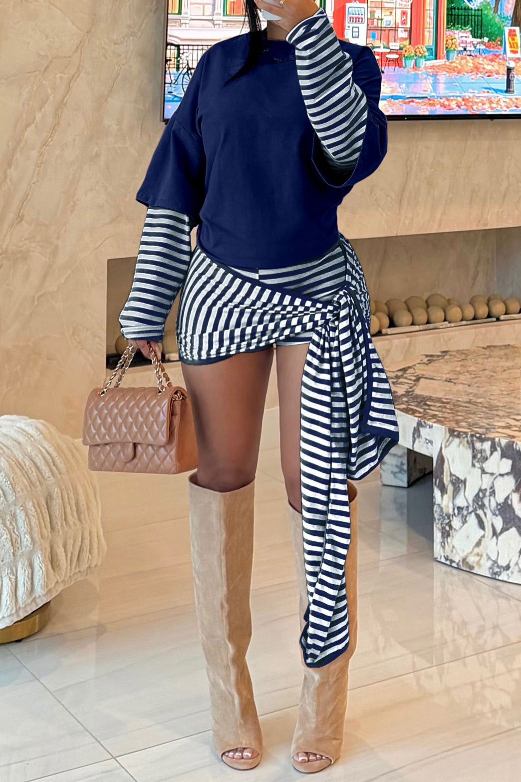 Layered-Look Stripe Top & Tie-Waist Shorts Set