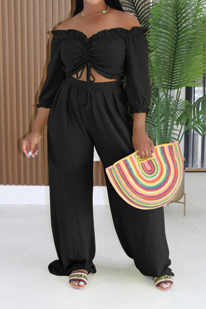 Textured Off-Shoulder Ruched Top & Wide Leg Pants Set