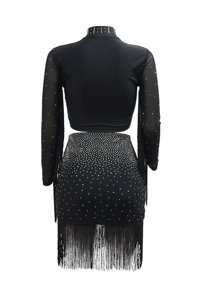 Rhinestone Mesh Fringe Skirt Set