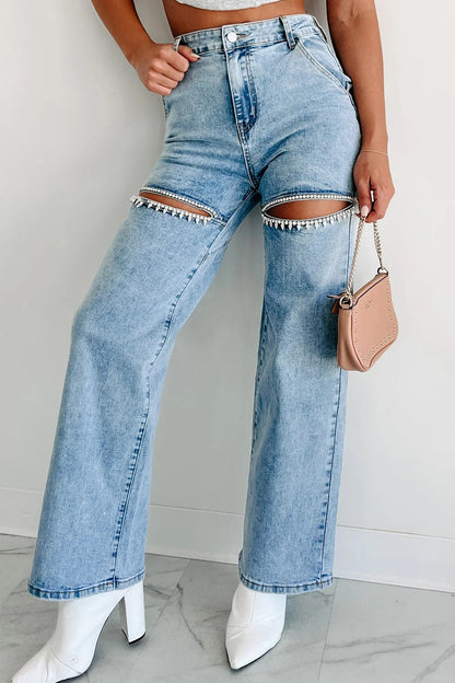 Washed Denim Rhinestone Cutout Jeans