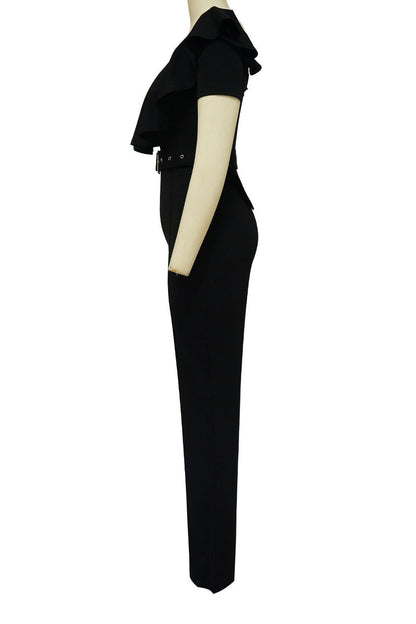 Plunging Ruffle Off-The-Shoulder Belted Flared Jumpsuit