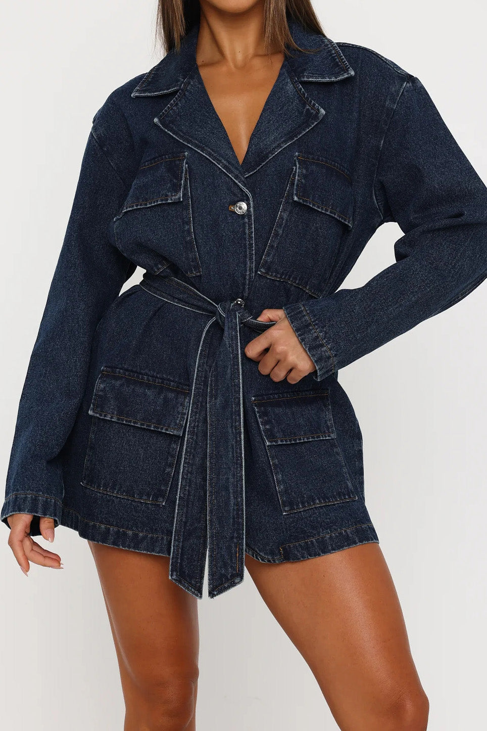 Belted Longline Denim Trench Jacket
