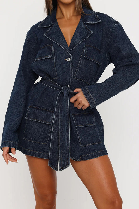 Belted Longline Denim Trench Jacket