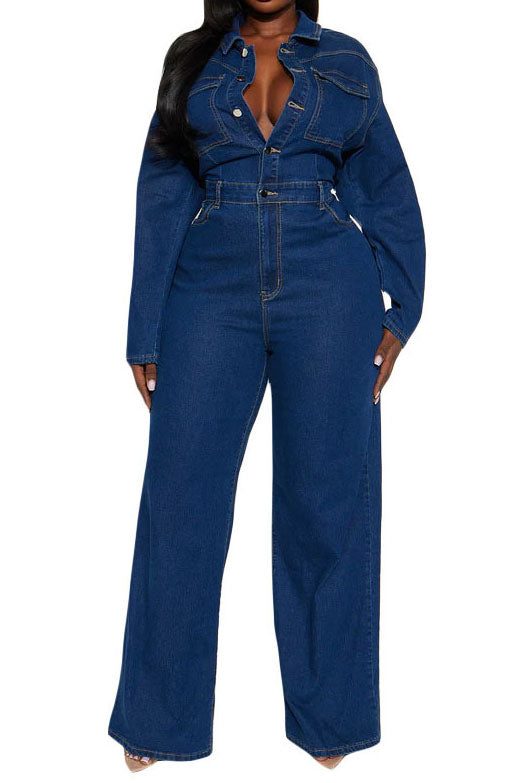 Stretch Flare Leg Long Sleeve Denim Jumpsuit