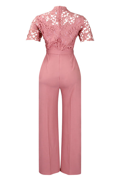 Lace Hollow Out Tie Waist Wide Leg Jumpsuit