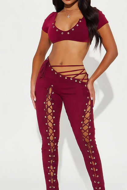 Crop Top and Lace-Up Pants 2-Piece Set