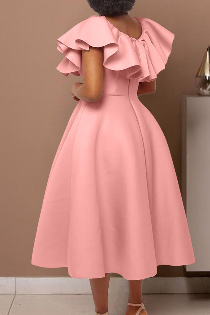 Ruffle Trim Short Sleeve A Line Dress