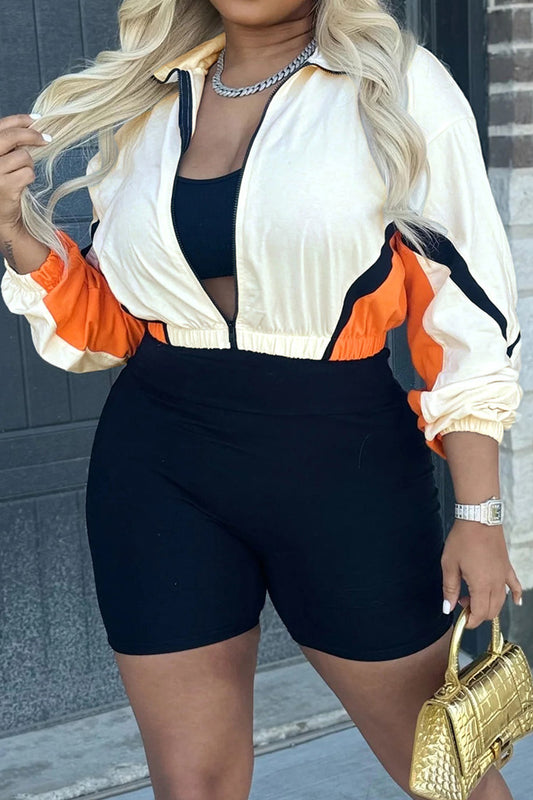 Colorblock Zip-Up Long Sleeve Top & Shorts Set