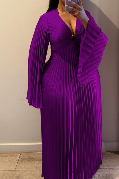 Plus Size V-Neck Pleated Flare Sleeve Maxi Dress