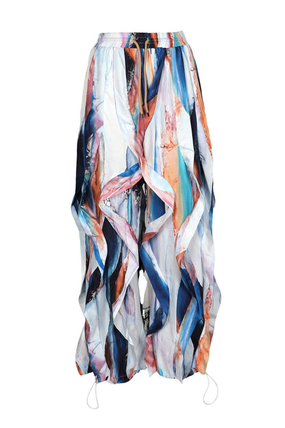 Abstract Print Cascading Draped Drawstring Pants