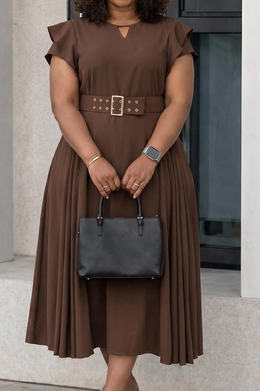 Flutter Sleeve Belted Pleated Midi Dress