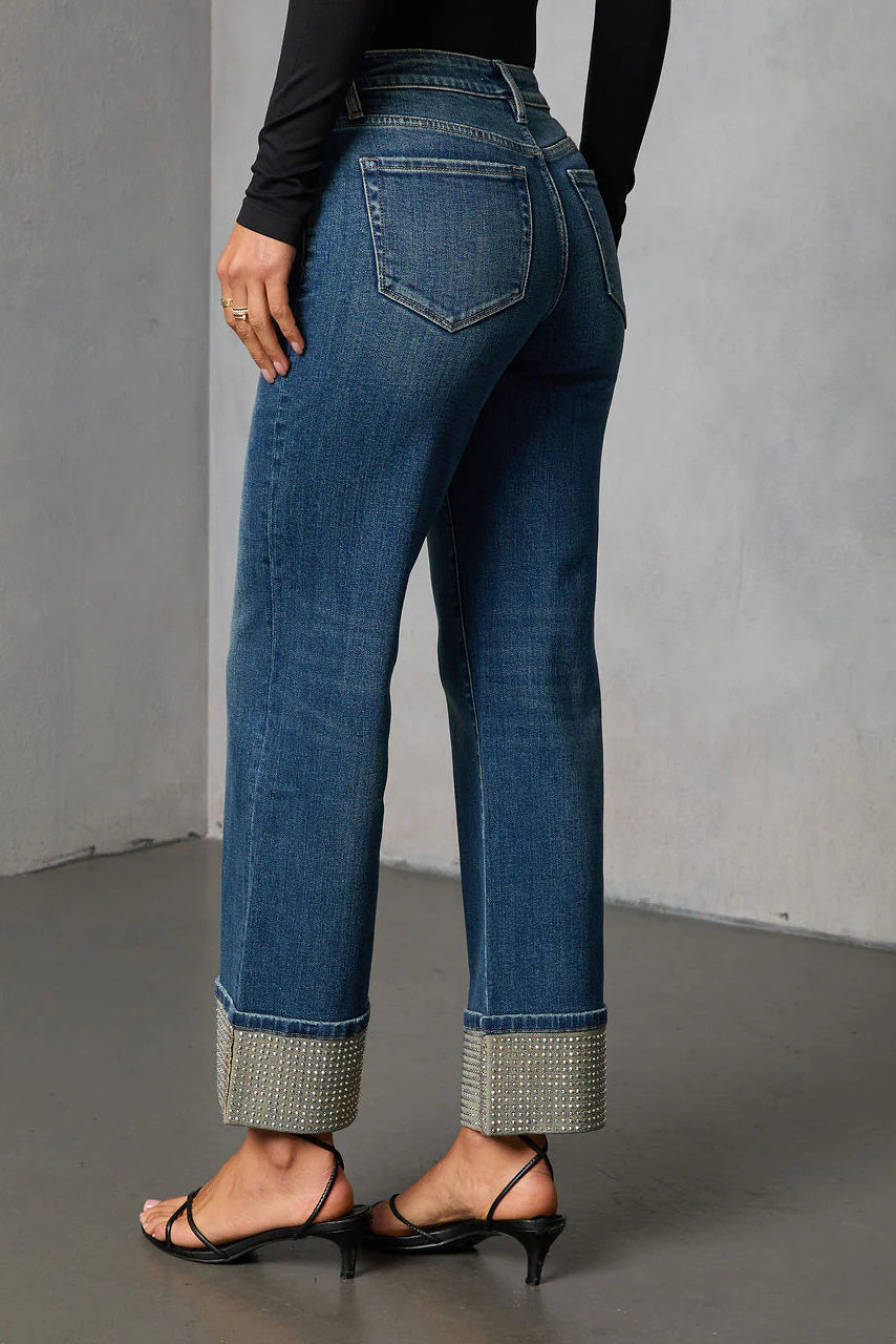 Washed Rhinestone Straight Leg Jeans