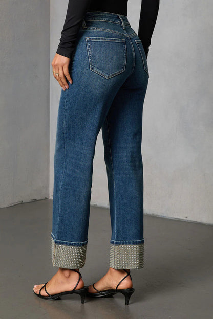 Washed Rhinestone Straight Leg Jeans