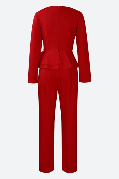 Solid Flounce V Neck Long Sleeve Sets
