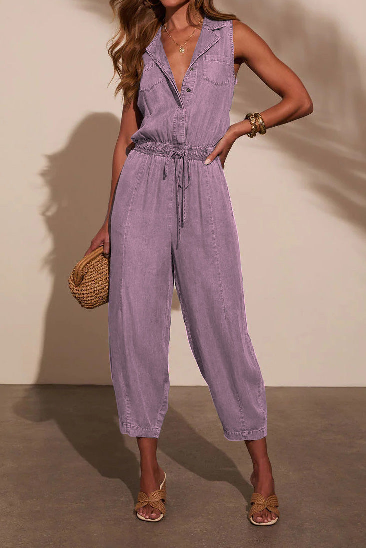 Sleeveless Drawstring Denim Utility Jumpsuit