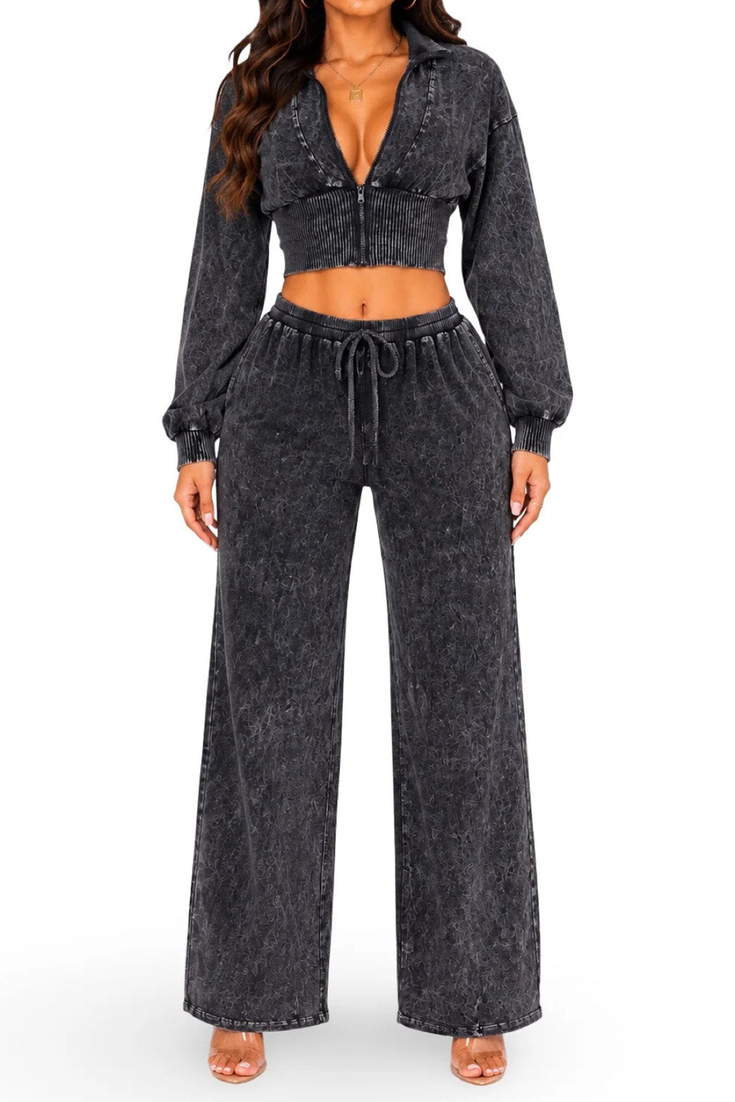 Washed Cropped Zip Jacket Wide Leg Pants Set