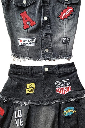 Denim Strapless Pleated Embroidered Skirt Set