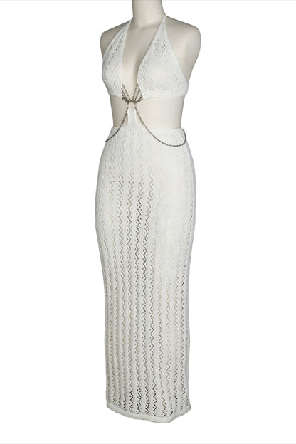 Chain-Linked Cutout Halter Crochet Maxi Dress