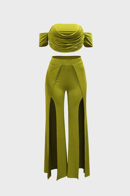 Strapless Top Slit Wide Leg Pant Sets