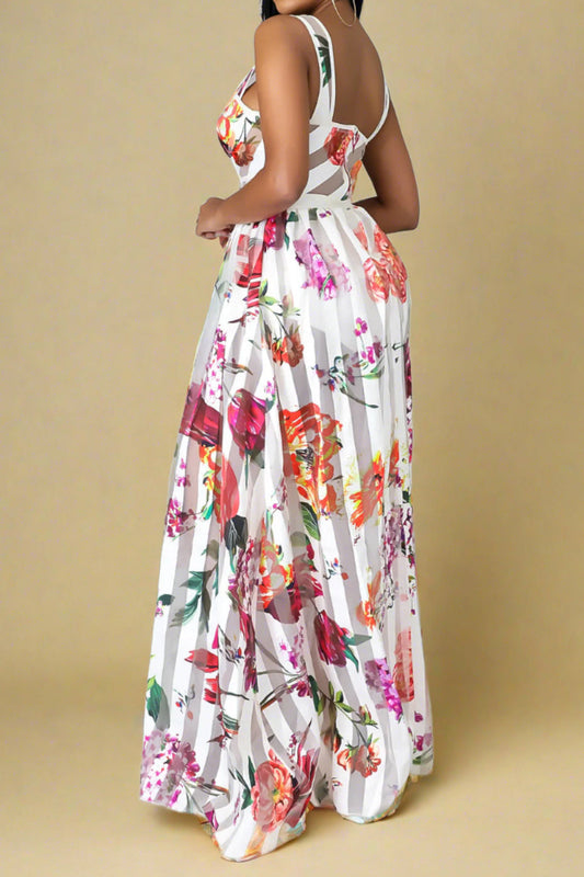 Floral Print Sheer Mesh Maxi Dress