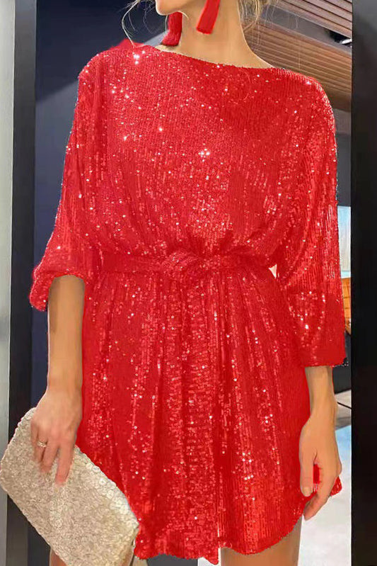 Sequin Tie Waist Long Sleeve Mini Dress