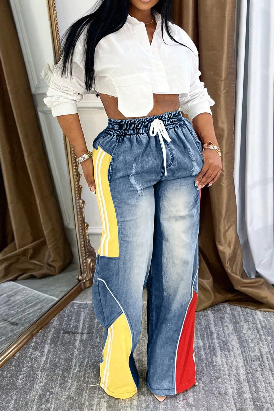 Colorblock Gradient Straight-Leg Denim Pants