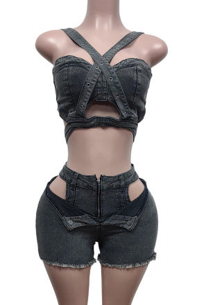 Denim Top & Cut Out Shorts Set