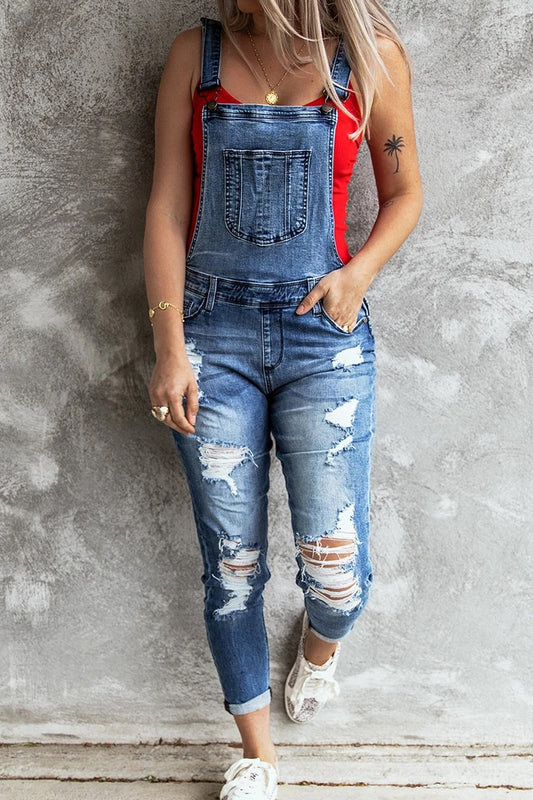 Retro Tattered Jumpsuits Stretch Denim