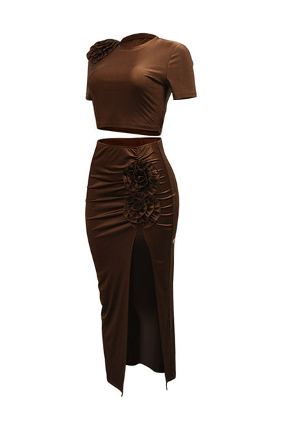 Ruched Split Skirt and Tee Two Piece Set