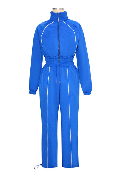 Zip-Front Piped Top & Wide-Leg Pants Set