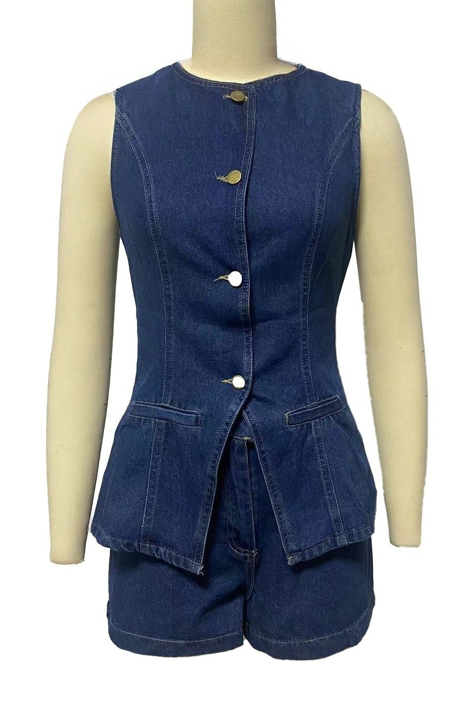 Denim Button-Up Vest & Shorts Set