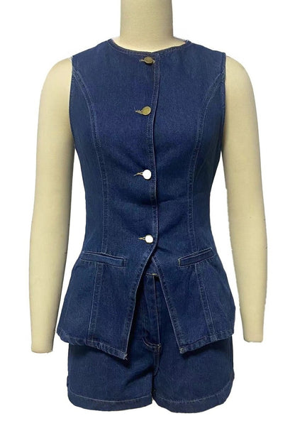 Denim Button-Up Vest & Shorts Set