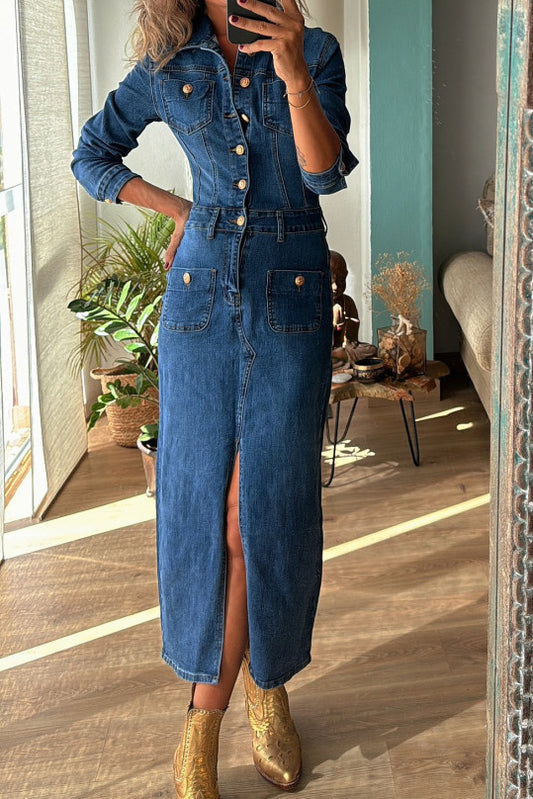 Tailored Denim Pencil Midi Dress