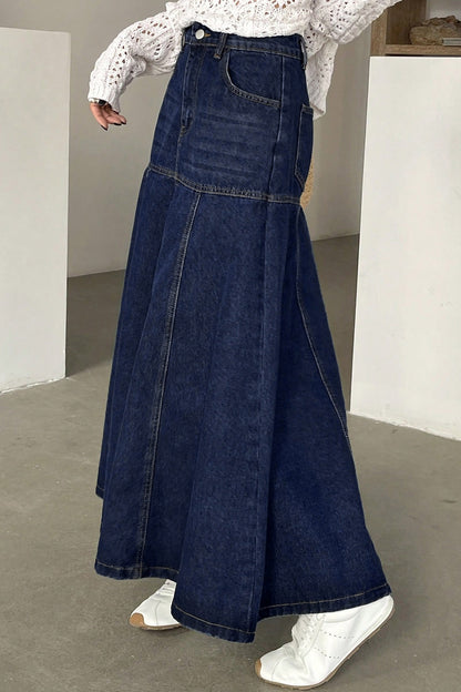 Paneled A-Line Denim Maxi Skirt