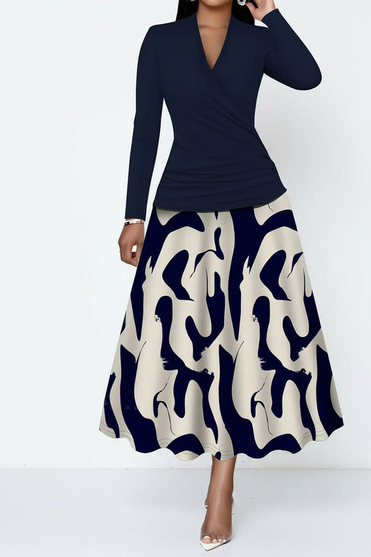 Ruched Wrap Top & Abstract Skirt Set