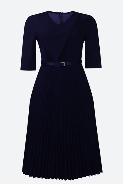 Solid Belted Pleated Dress