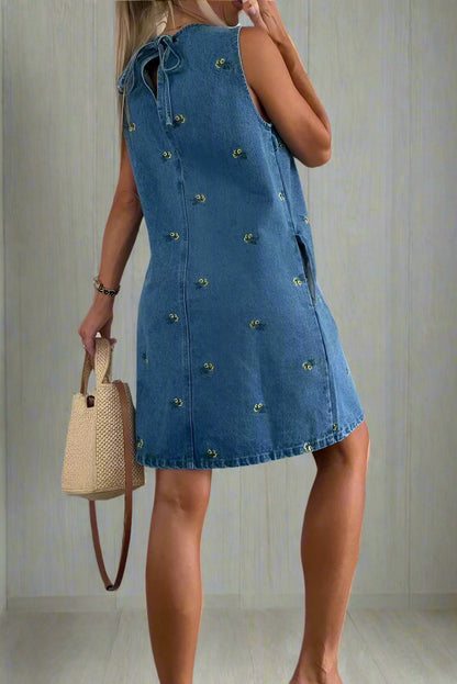 Floral Denim Sleeveless Vest Dress