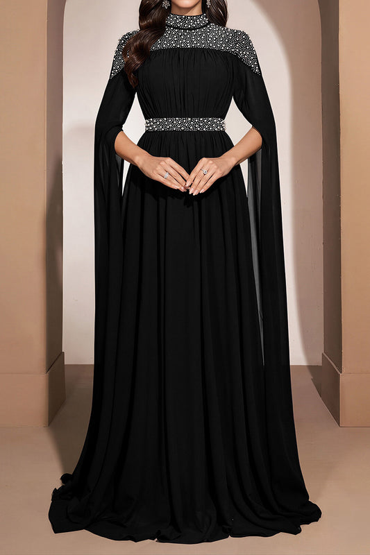 Embellished High-Neck Cape-Sleeve Maxi Dress