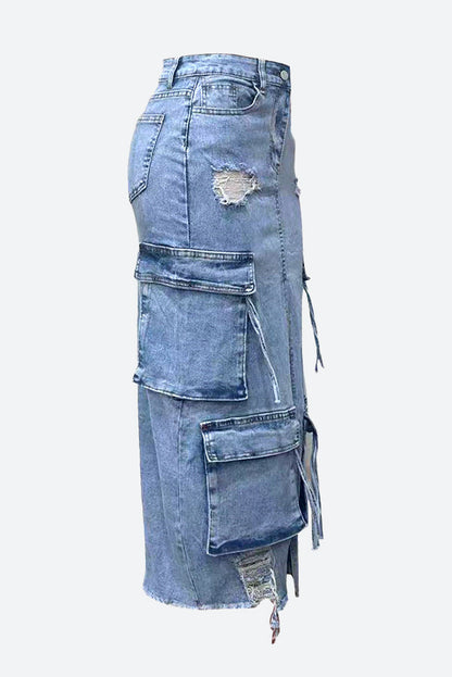 Slit Ripped Pocket Cargo Denim Skirt