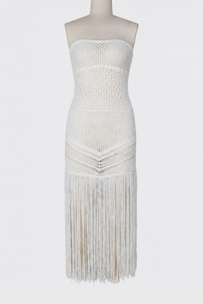 Strapless Crochet Fringe Maxi Dress