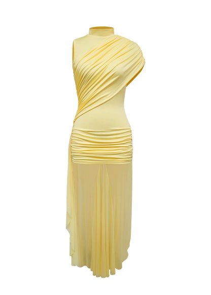 Ruched High Neck Asymmetrical Train Mini Dress