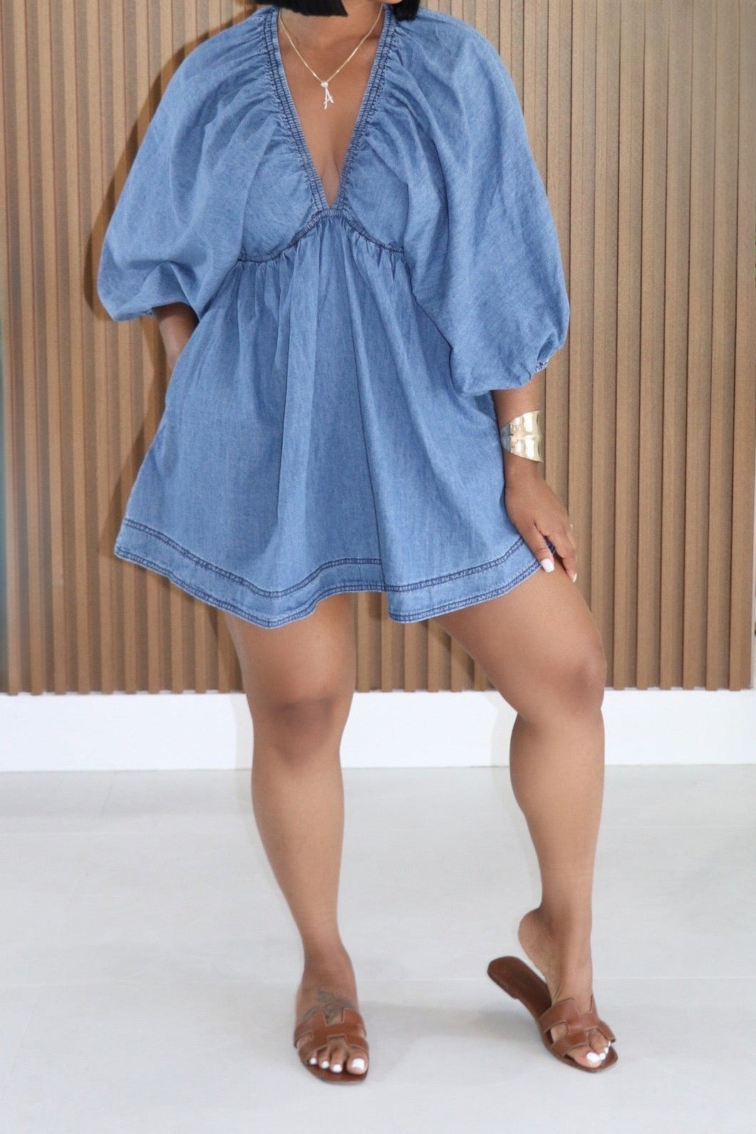 Boho Denim Puff Sleeve Mini Dress
