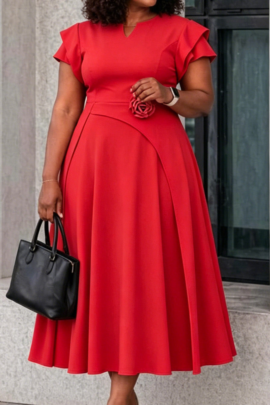 3D Floral Notched Neck A-Line Midi Dress