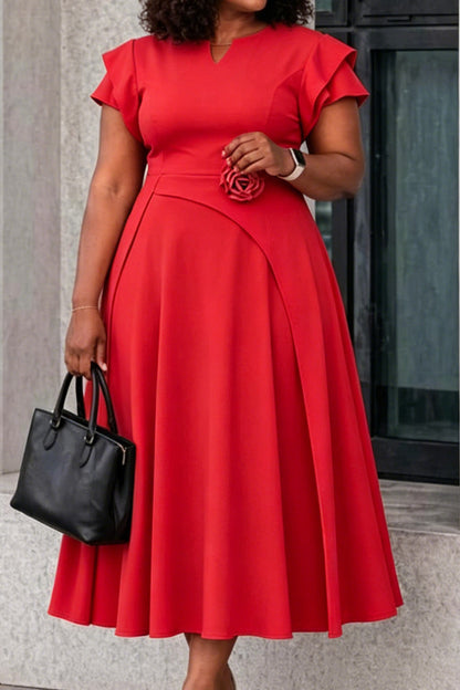 3D Floral Notched Neck A-Line Midi Dress