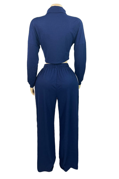 Striped Patchwork Zip-Up Top & Wide Leg Pants Set