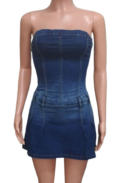 Pleated Denim Mini Dress